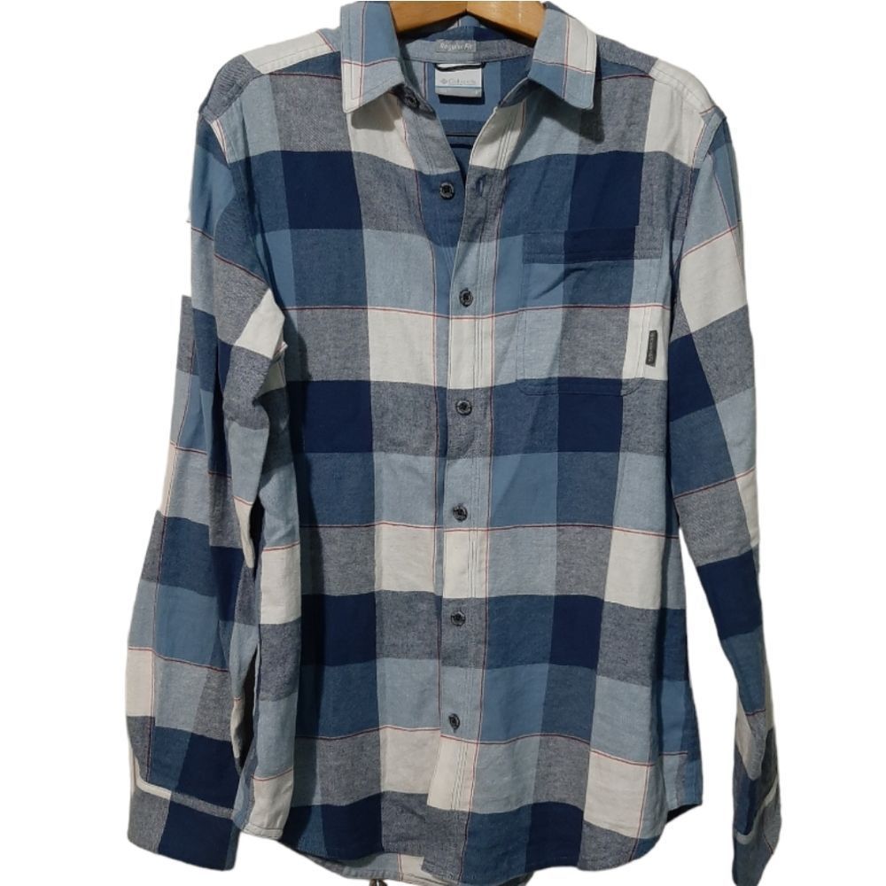 Columbia Button Down Flannel Shirt Men's S Blue White Red Plaid Regular Fit
